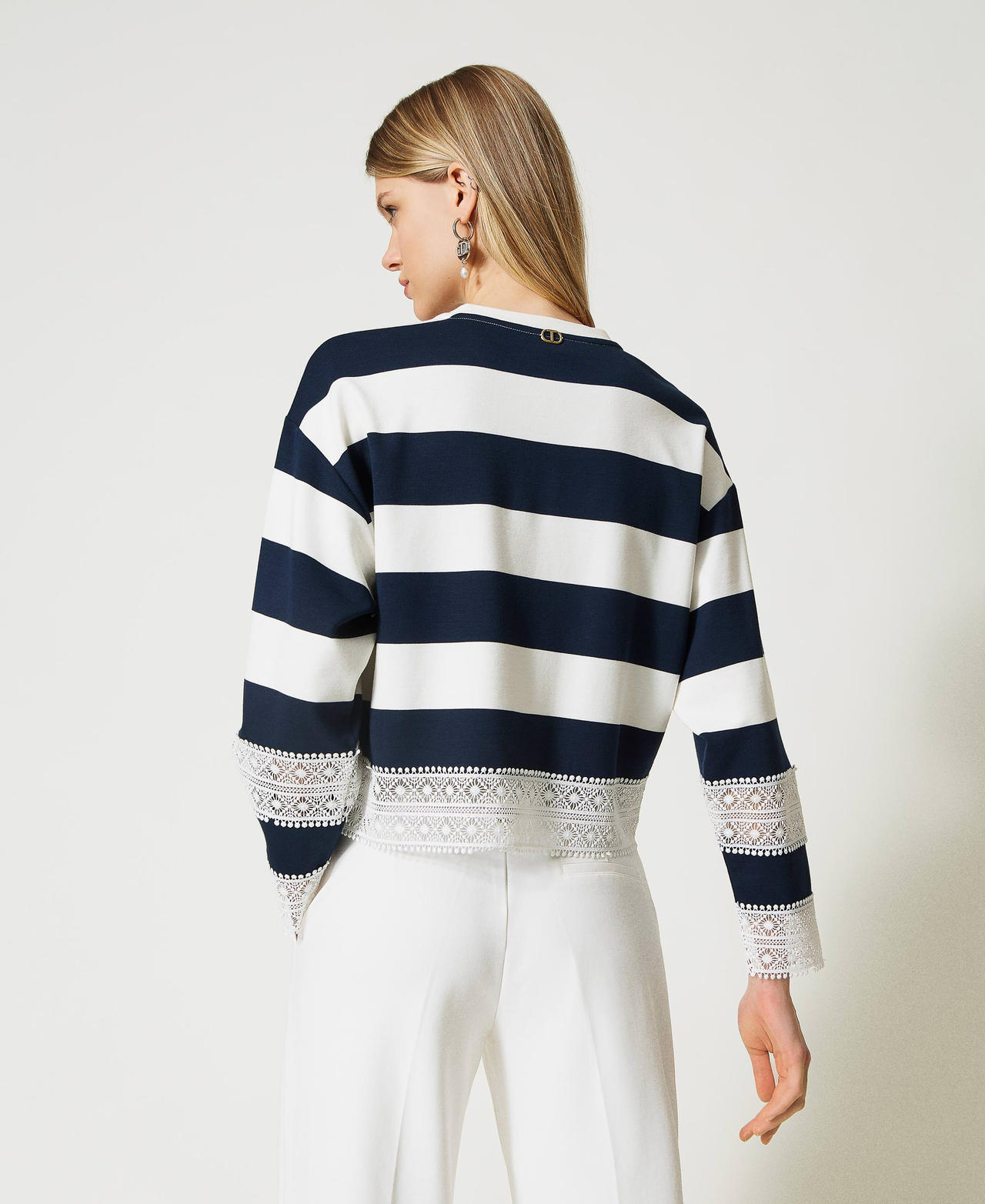 Striped sweatshirt with lace "Snow" White / Indigo Stripes Woman 231TP2301-03