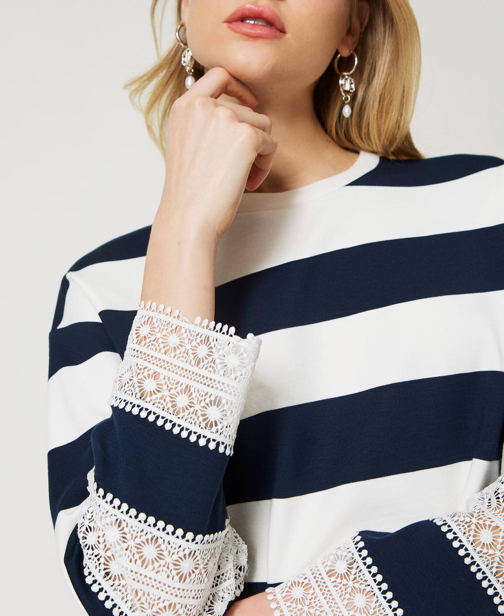 Sweat shirt rayures avec dentelle Femme Bleu TWINSET Milano