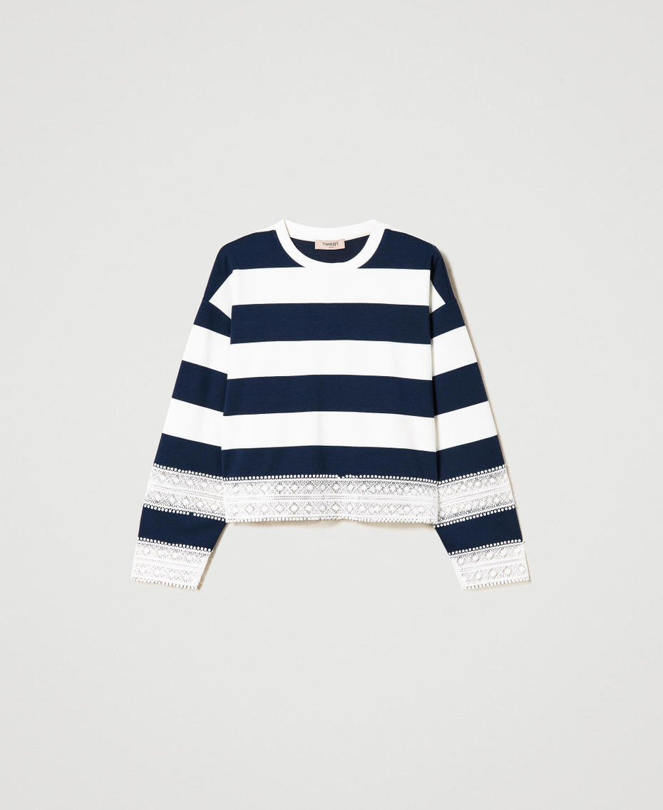 Striped sweatshirt with lace "Snow" White / Indigo Stripes Woman 231TP2301-0S