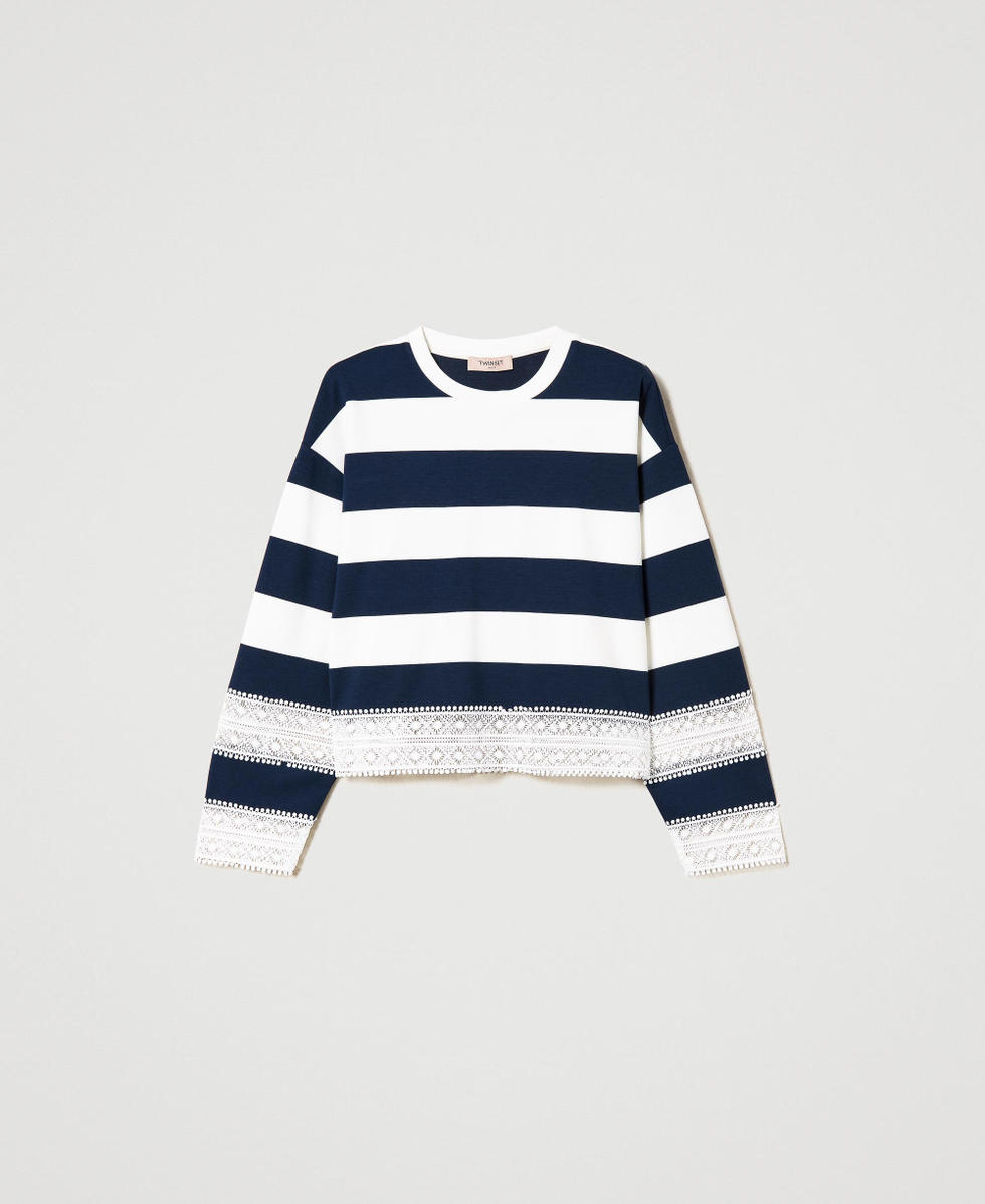 Striped sweatshirt with lace Woman Blue TWINSET Milano