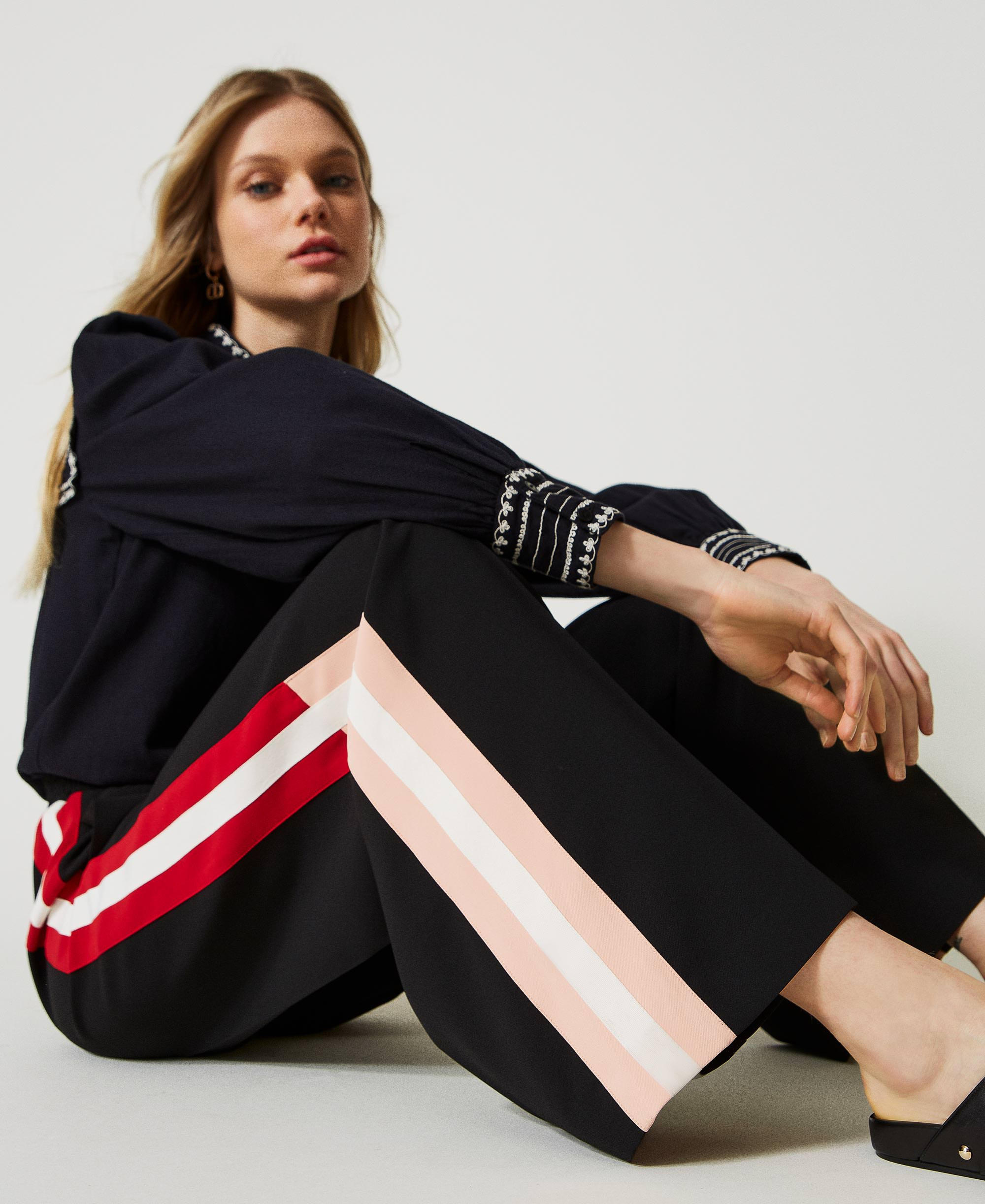 Crêpe cady trousers with colour bands