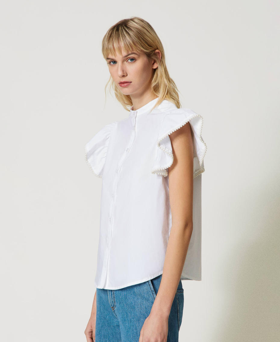 Camicia in popeline con volant e perle Bianco Donna 231TP2413_00001_03