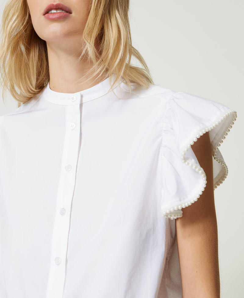 Поплиновая рубашка с оборками и жемчужинами Белый женщина 231TP2413-05