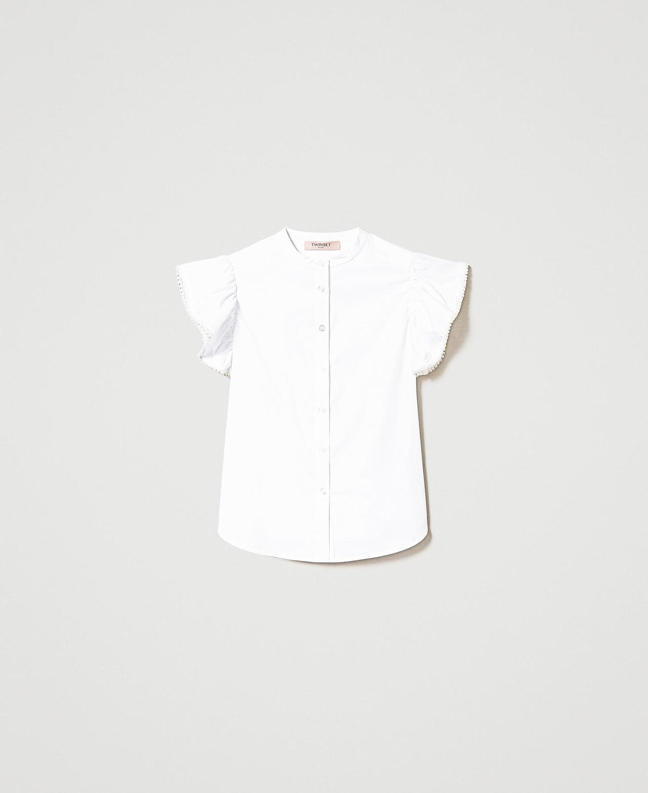 Camicia in popeline con volant e perle Bianco Donna 231TP2413_00001_0S