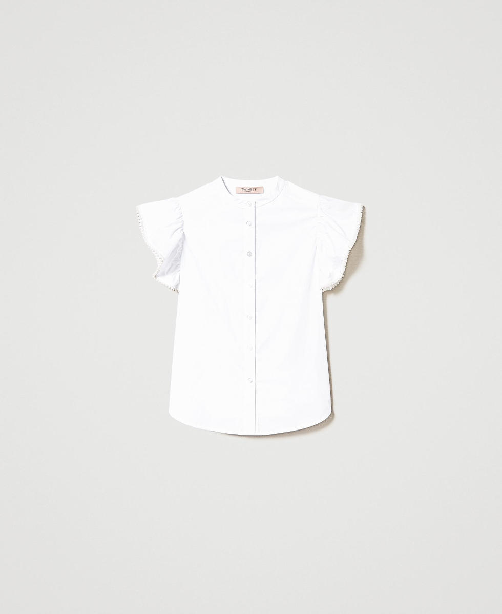 Poplin shirt with ruffles and pearls