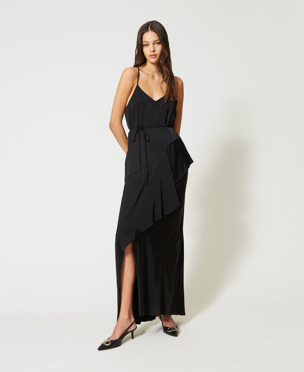 Abito lungo in raso con balza Donna Nero TWINSET Milano