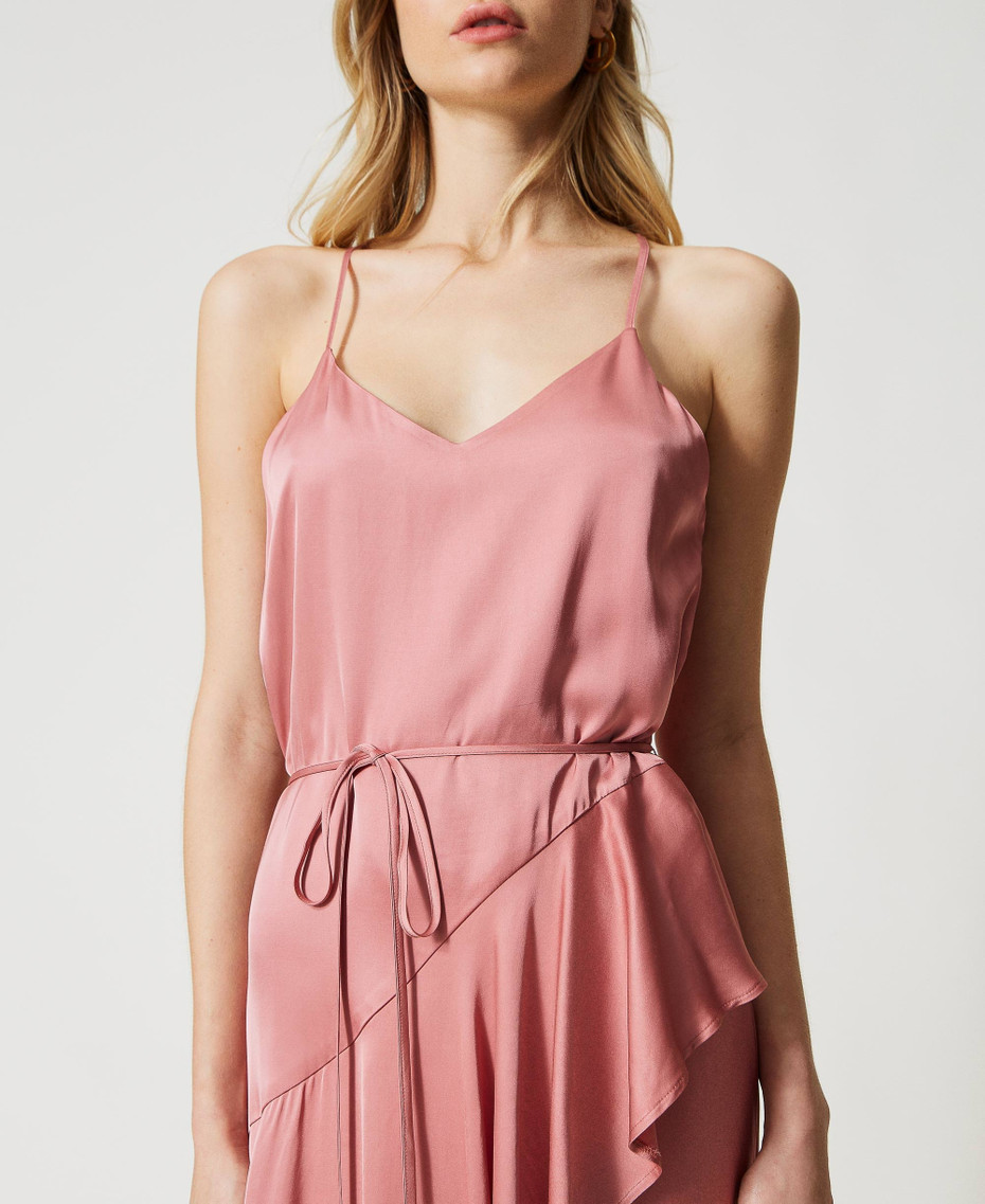 Vestido Largo De Raso Con Volante Mujer, Rosa | TWINSET Milano