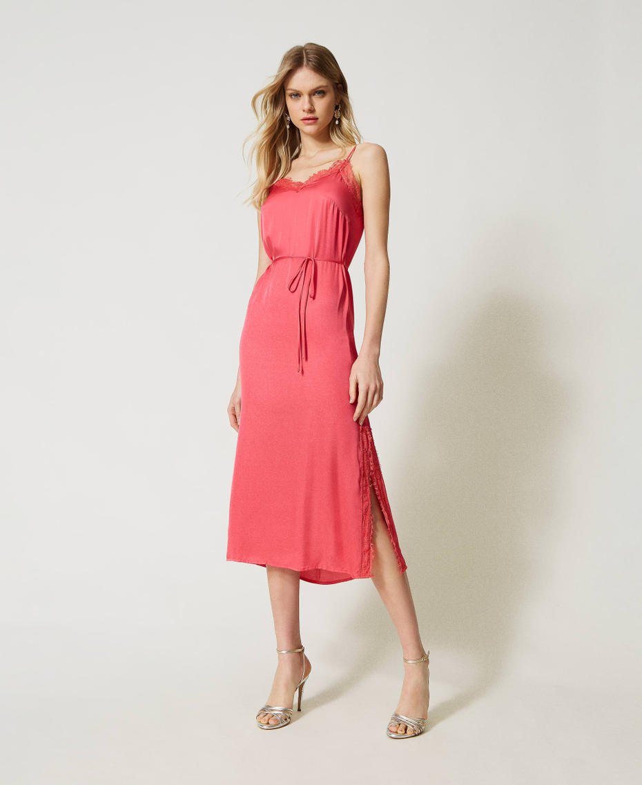 Длинное платье из атласа с кружевом Розовый Азалия женщина 231TP2435-01
