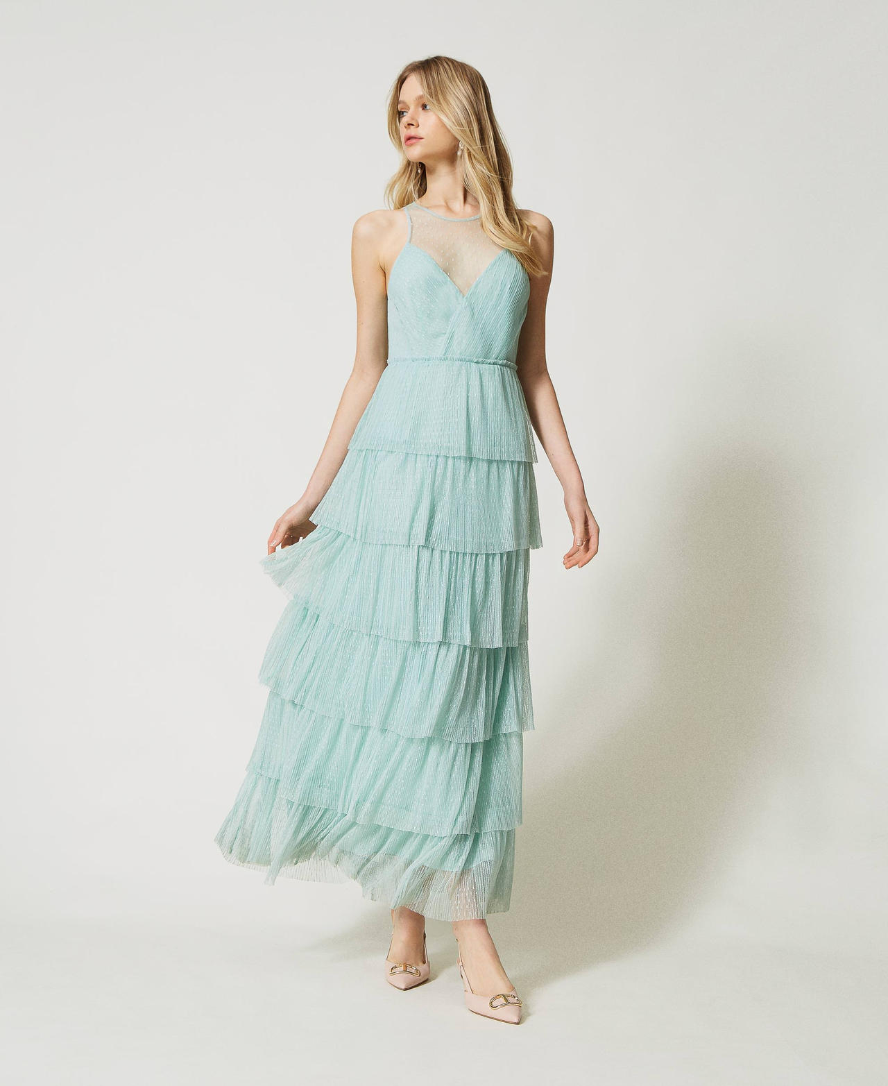 パーティードレス TWINSET TULLE DRESS Long plumetis tulle dress with flounces Woman, Green