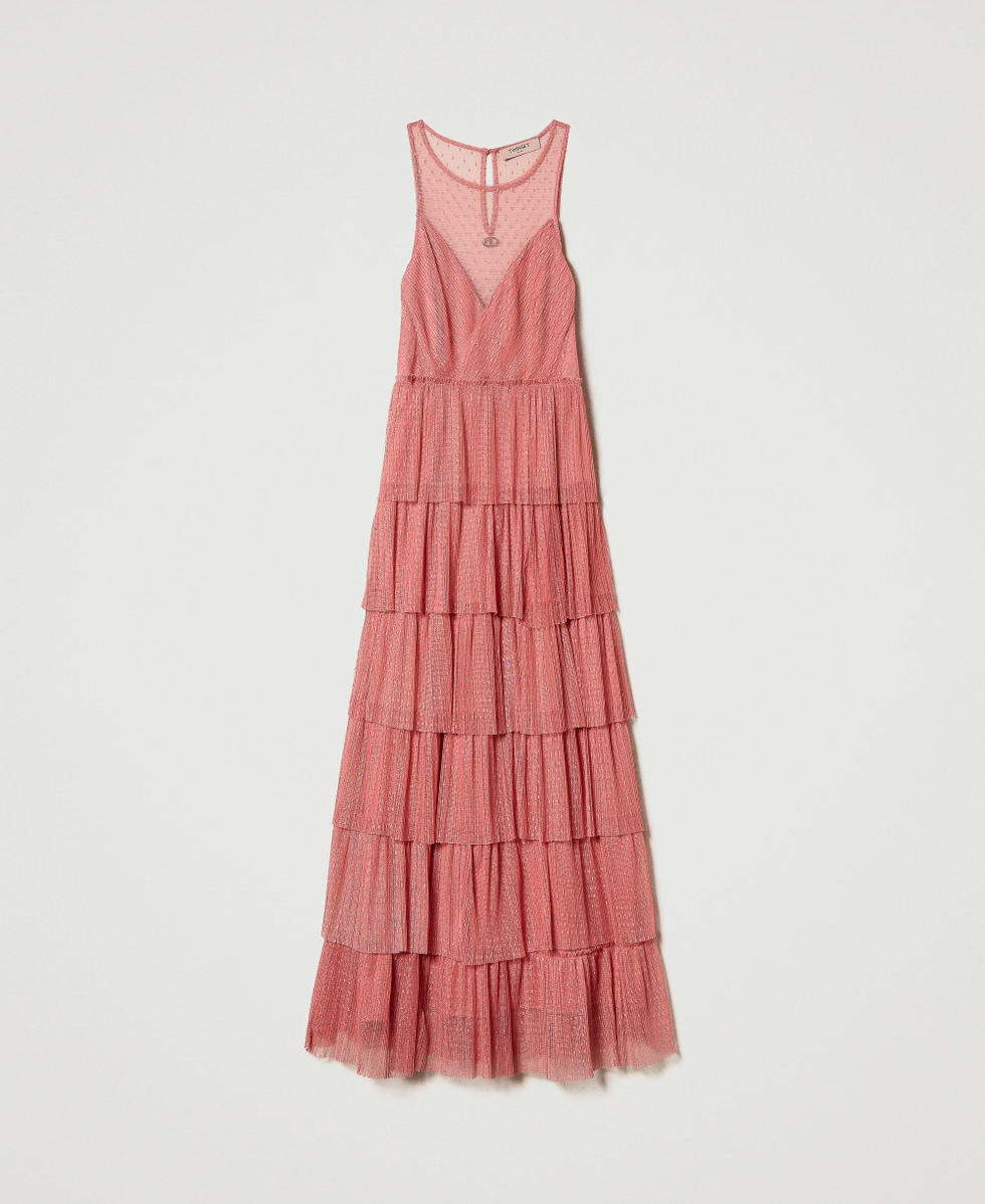 Long plumetis tulle dress with flounces