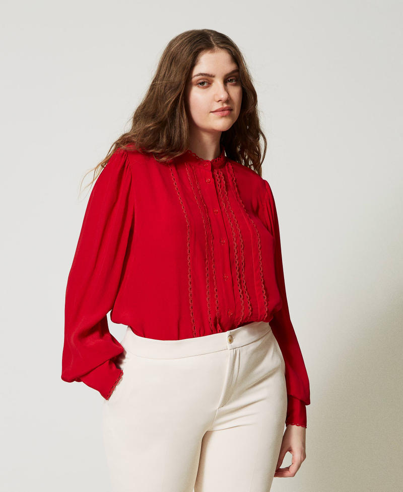 Chemise à manches longues en soie mélangée Rouge Coquelicot Femme 231TP2451-01