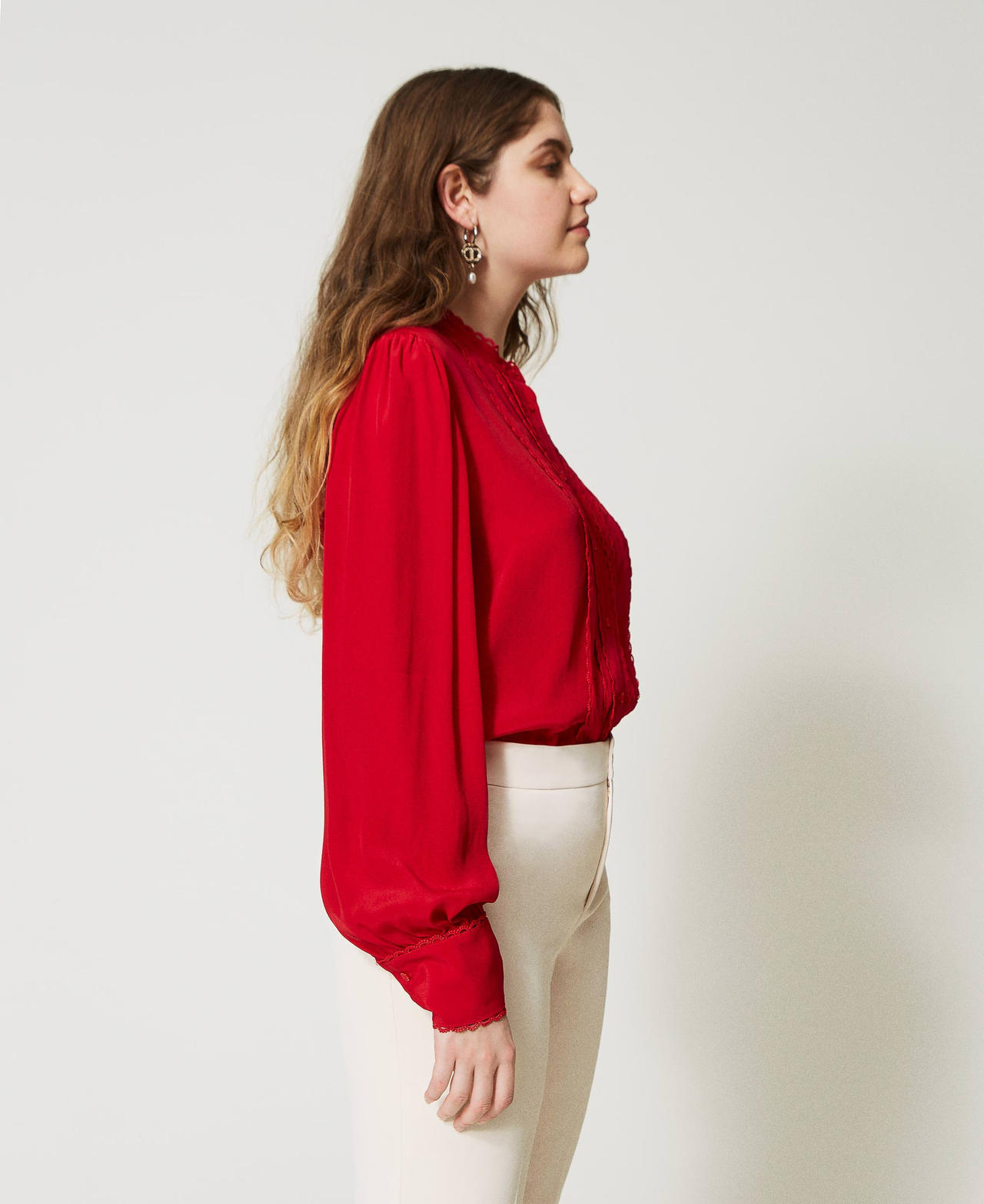 Chemise à manches longues en soie mélangée Rouge Coquelicot Femme 231TP2451-02