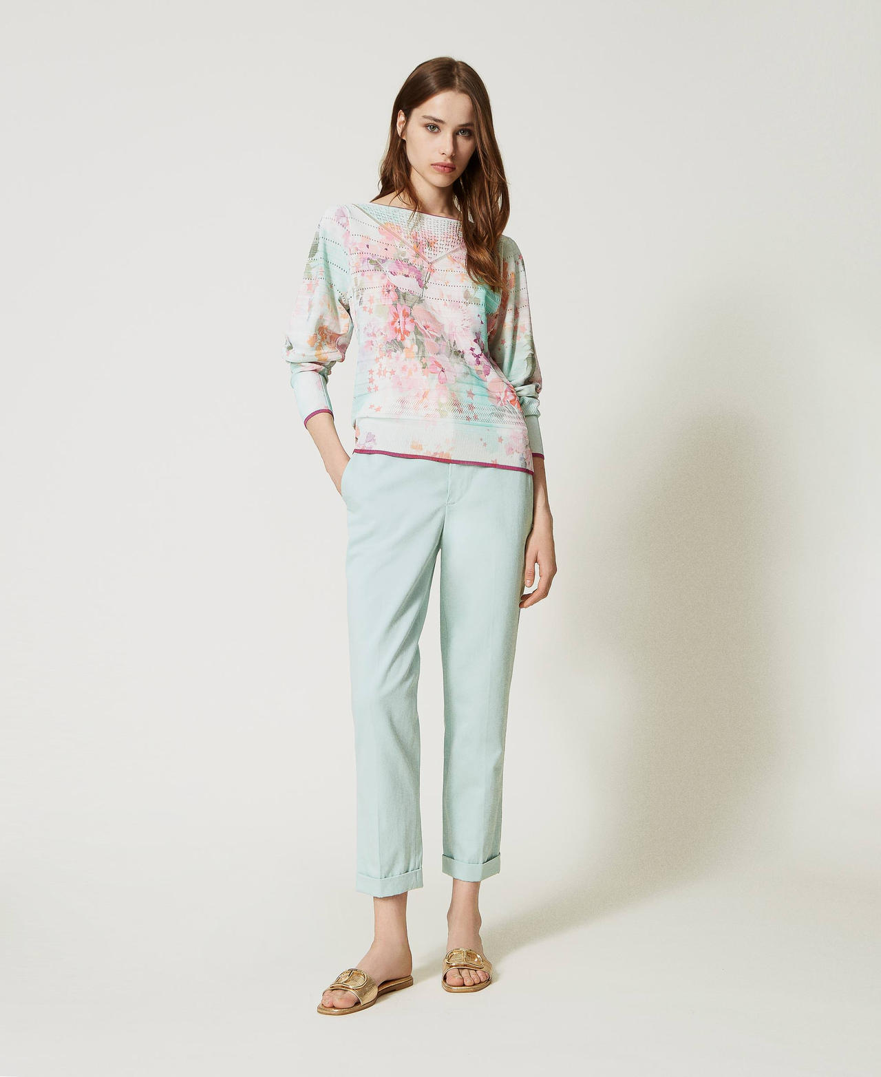 Linen blend cigarette trousers Woman, Green | TWINSET Milano
