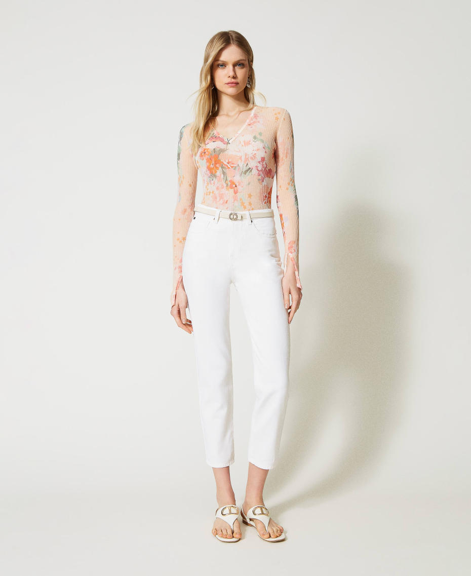 Bull trousers with floral Oval T White Denim Woman 231TP2570-01
