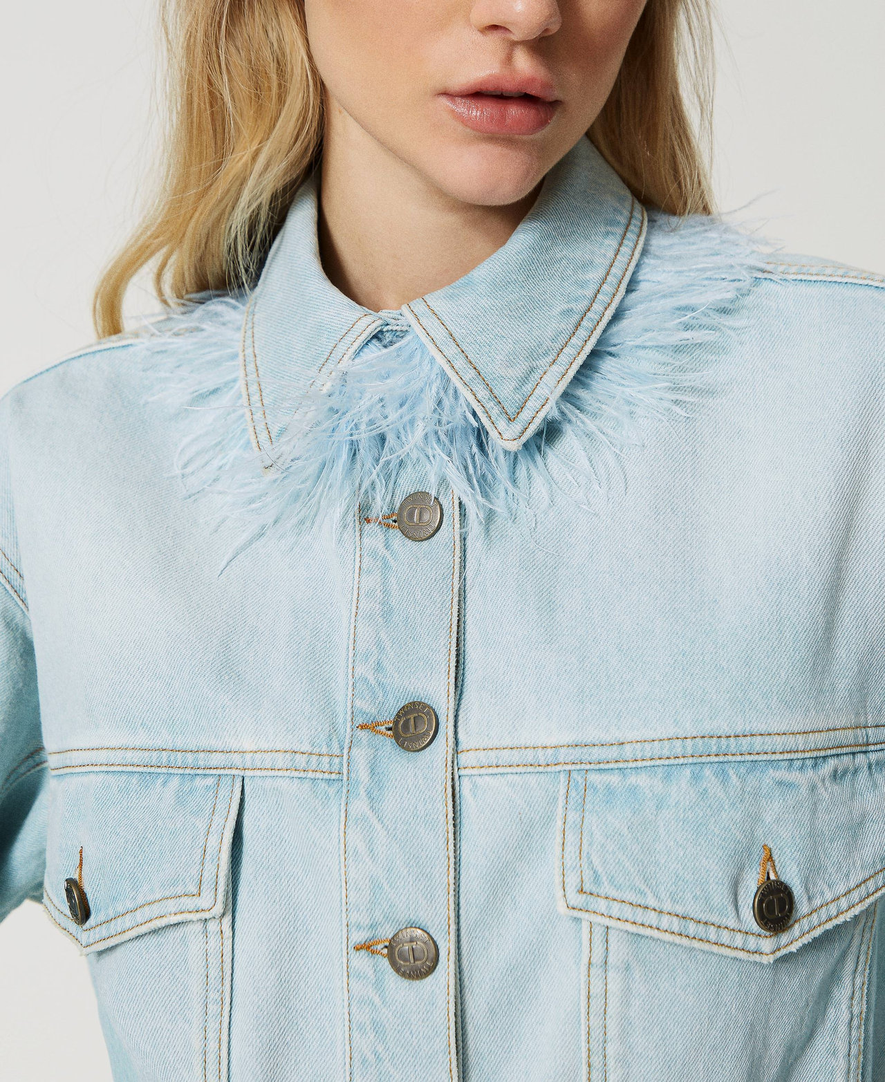 Denim jacket with feathers Woman Blue TWINSET Milano