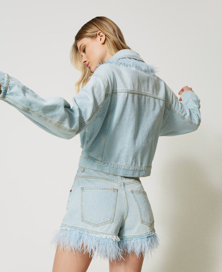 Denim shorts with feathers Woman, Blue TWINSET Milano