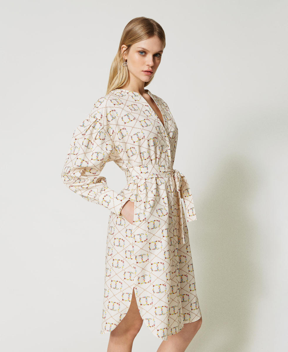 Shirt dress with Oval T logo all over Woman, Beige | TWINSET