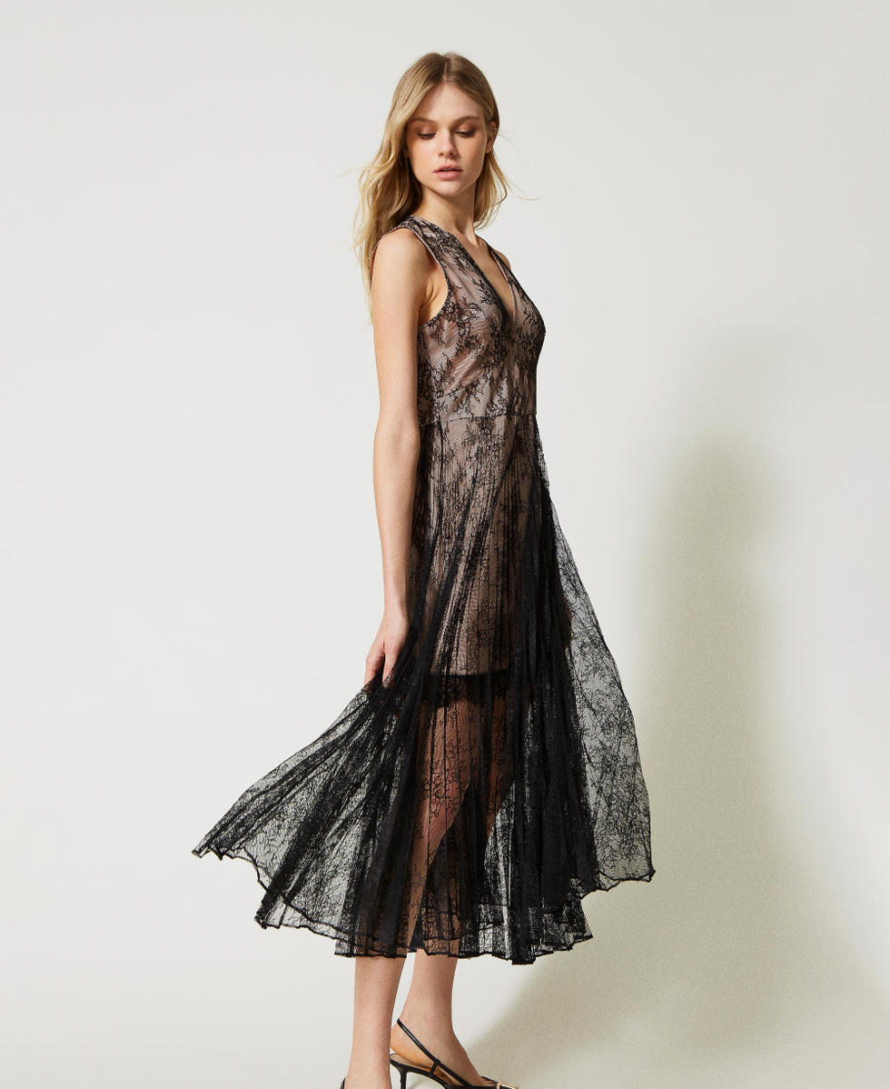 Long pleated lace dress Woman, Black | TWINSET Milano Long pleated lace dress Woman, Black | TWINSET Milano