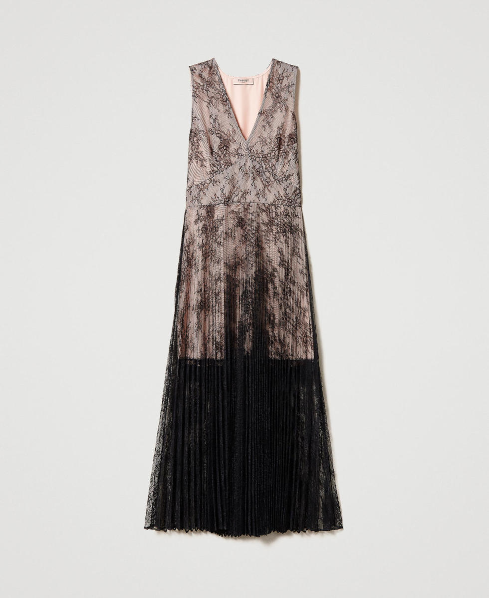 Long pleated lace dress Woman, Black | TWINSET Milano