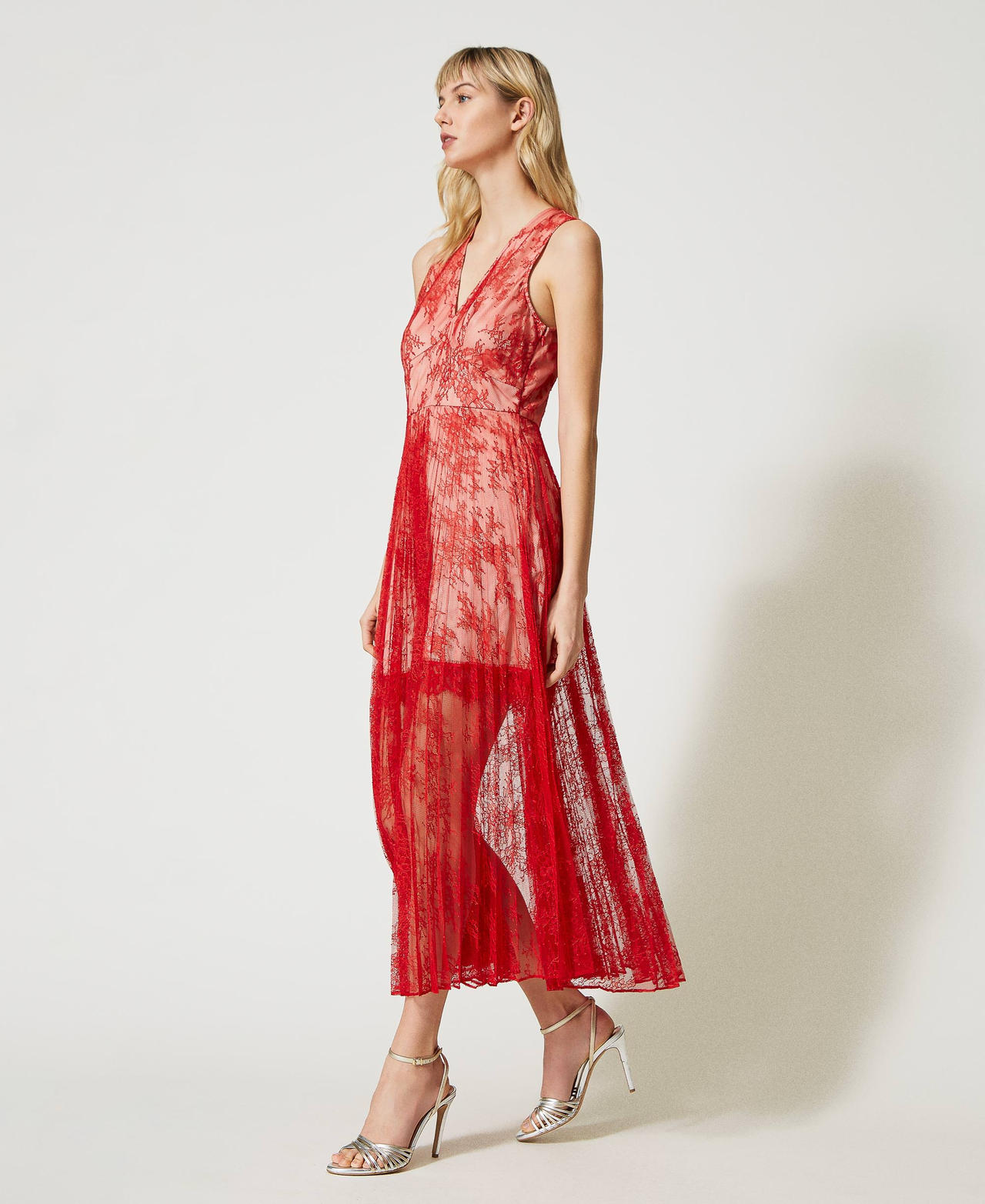 Long pleated lace dress Poppy Red Woman 231TP2692-02