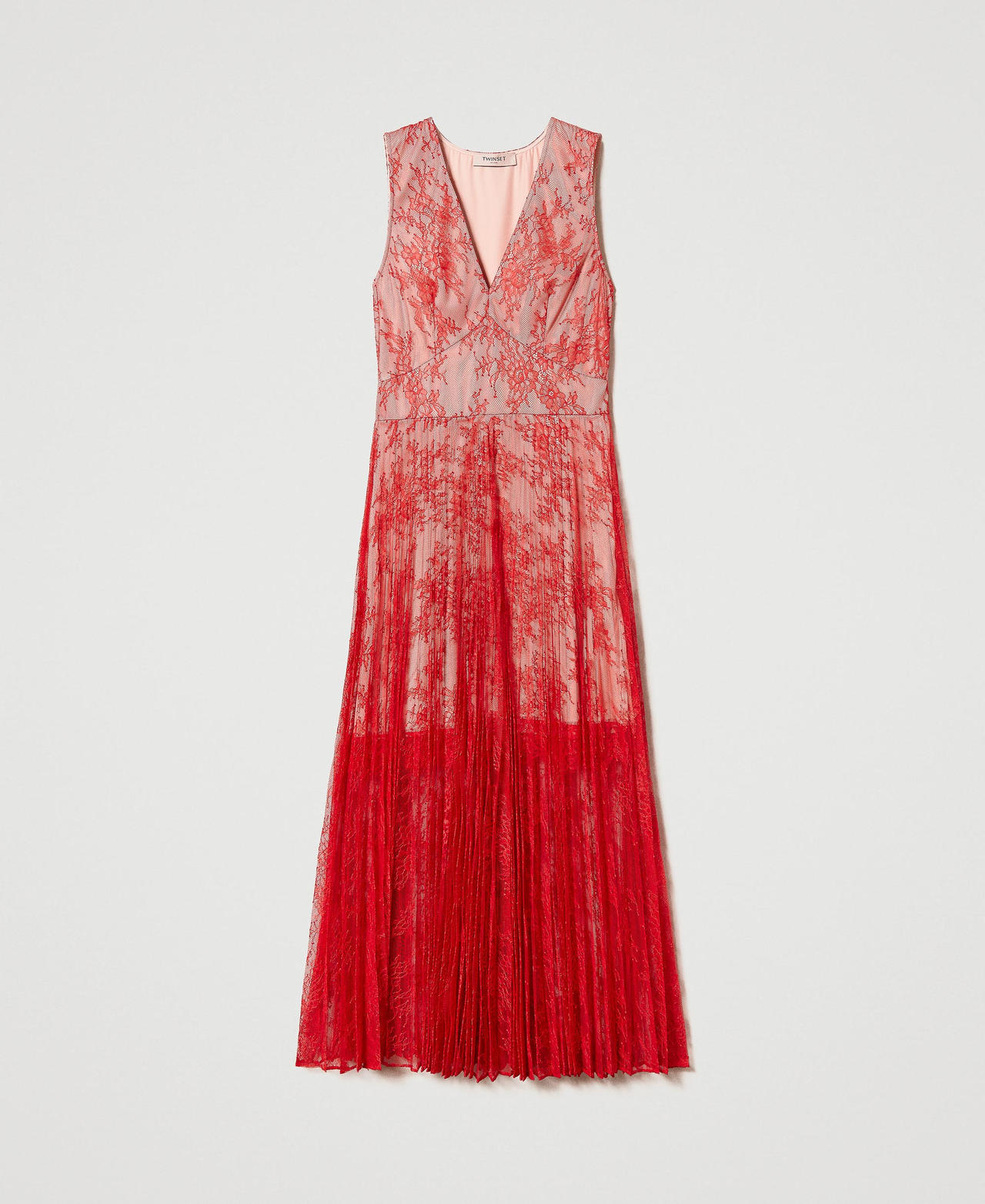Robe longue plissée en dentelle Rouge Coquelicot Femme 231TP2692-0S