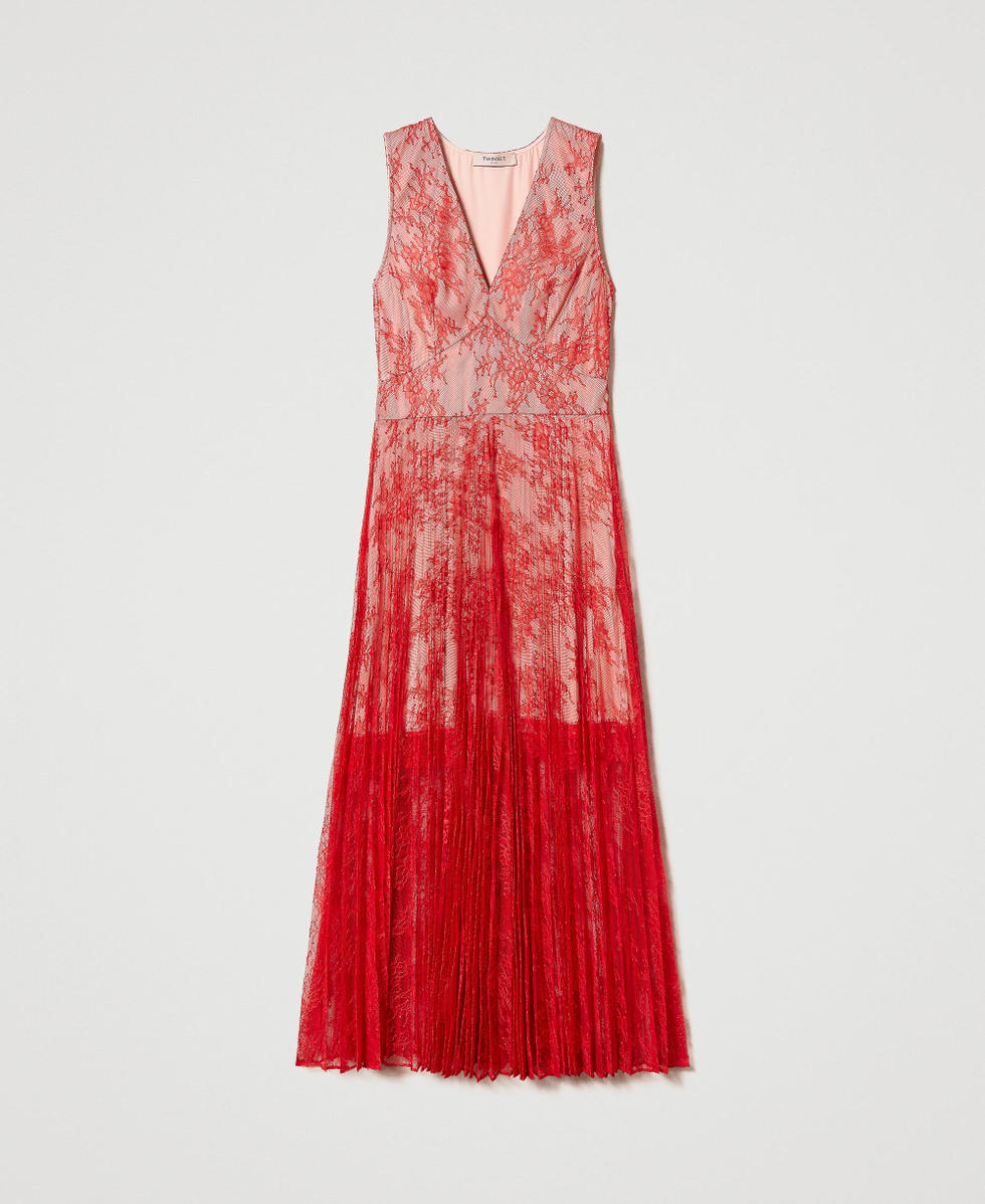 Long pleated lace dress Woman, Red | TWINSET Milano