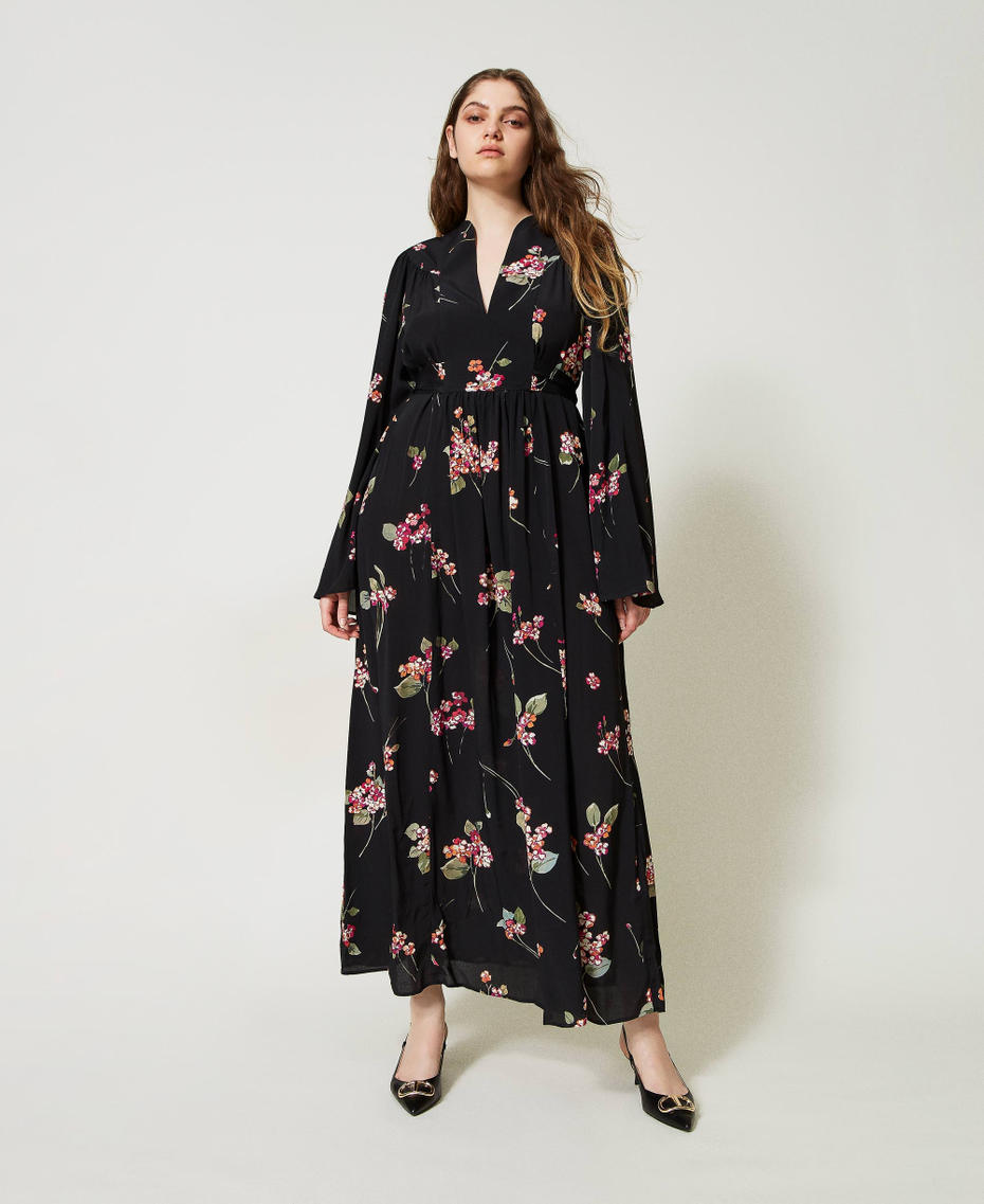 Robe longue en crépon floral Imprimé Bouquet Noir/Multicolore Femme 231TP2700-01