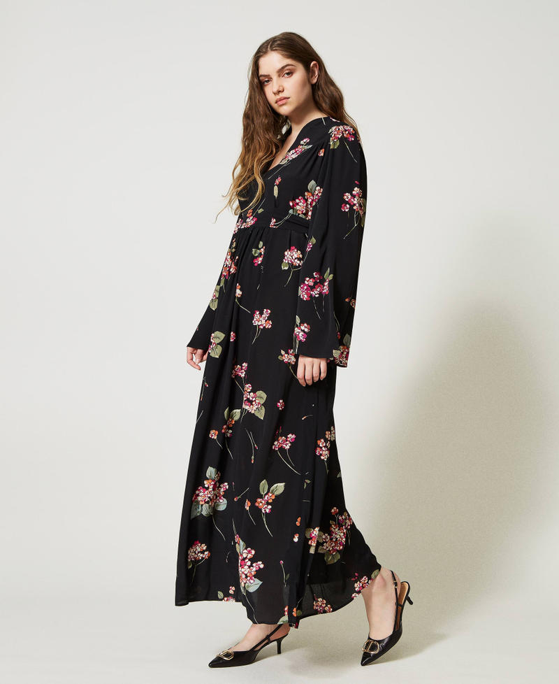 Robe longue en crépon floral Imprimé Bouquet Noir/Multicolore Femme 231TP2700-02