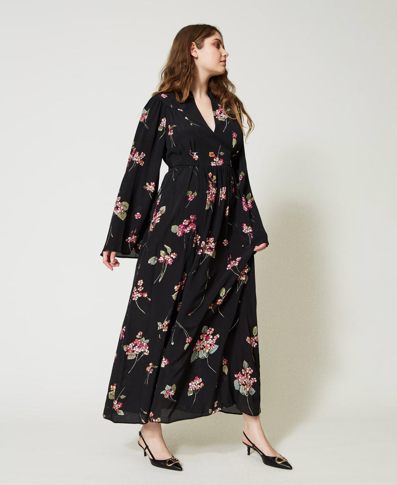 Robe longue en crépon floral Imprimé Bouquet Noir/Multicolore Femme 231TP2700-03