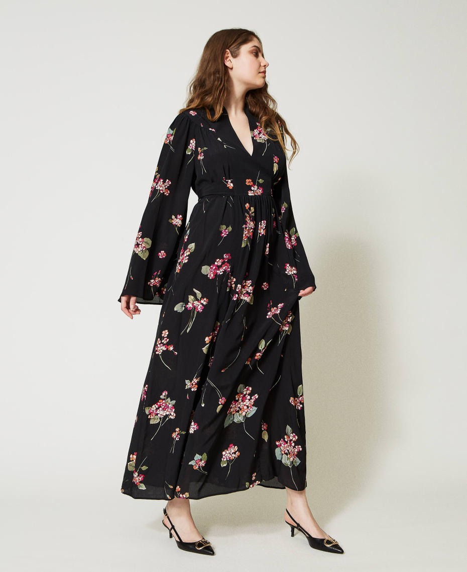 Robe longue en crépon floral Imprimé Bouquet Noir/Multicolore Femme 231TP2700-03