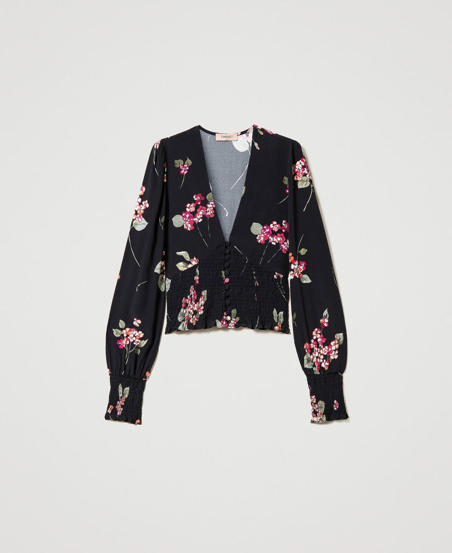 Camicia in crêpe a fiori Stampa Bouquet Nero / Multicolor Donna 231TP2705_10428_S0