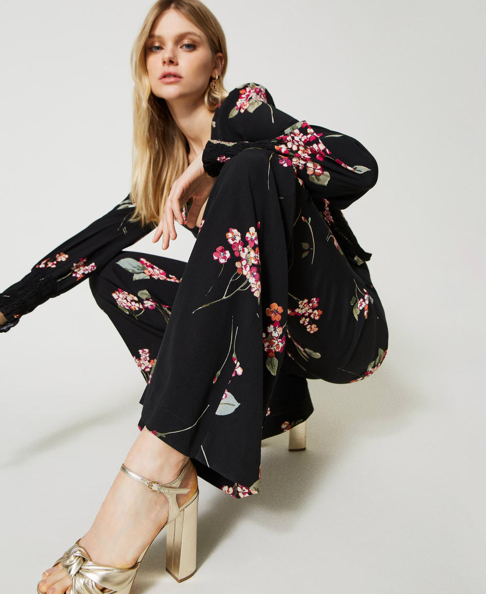 Pantalon evase avec crepe floral Femme Noir TWINSET Milano