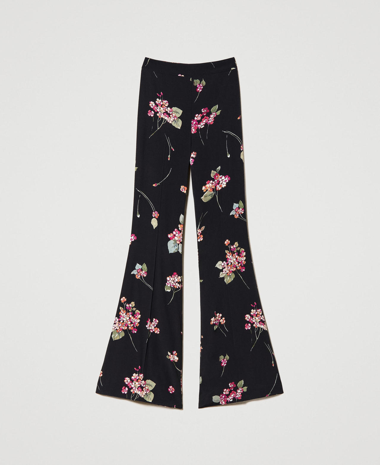 Pantalon évasé avec crêpe floral Imprimé Bouquet Noir/Multicolore Femme 231TP2706-0S
