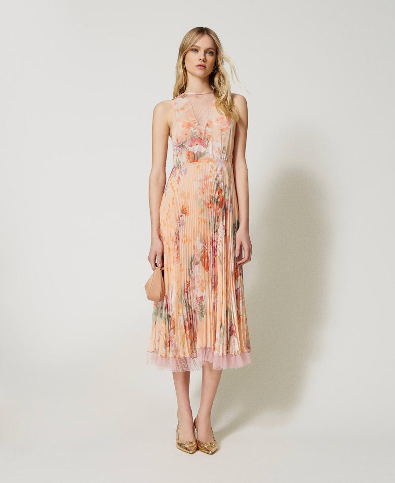 Pleated creponne midi dress Lilac Flower / Orange Print Woman 231TP2730-01