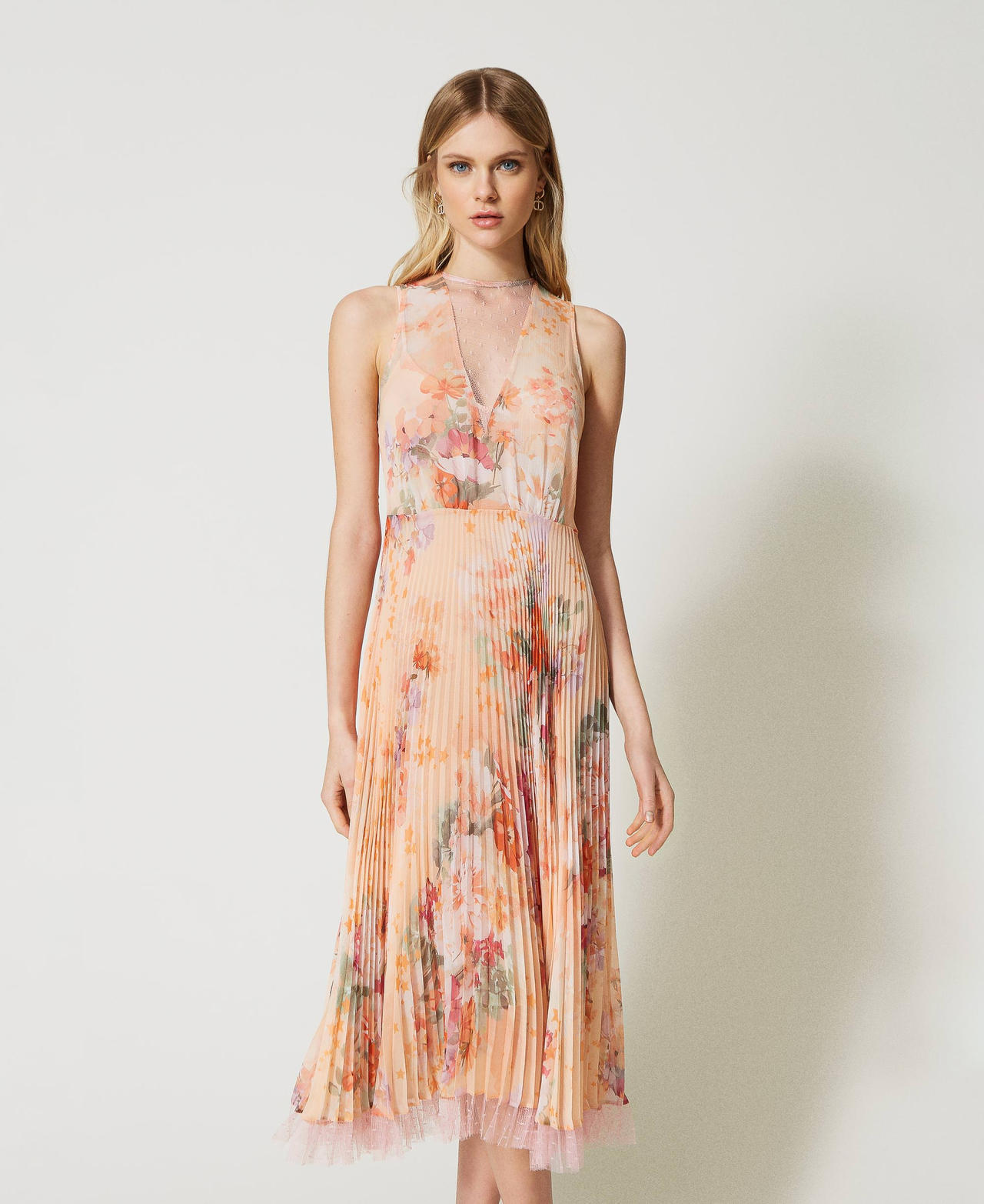 Robe mi-longue en crépon plissé Femme, Orange | TWINSET Milano