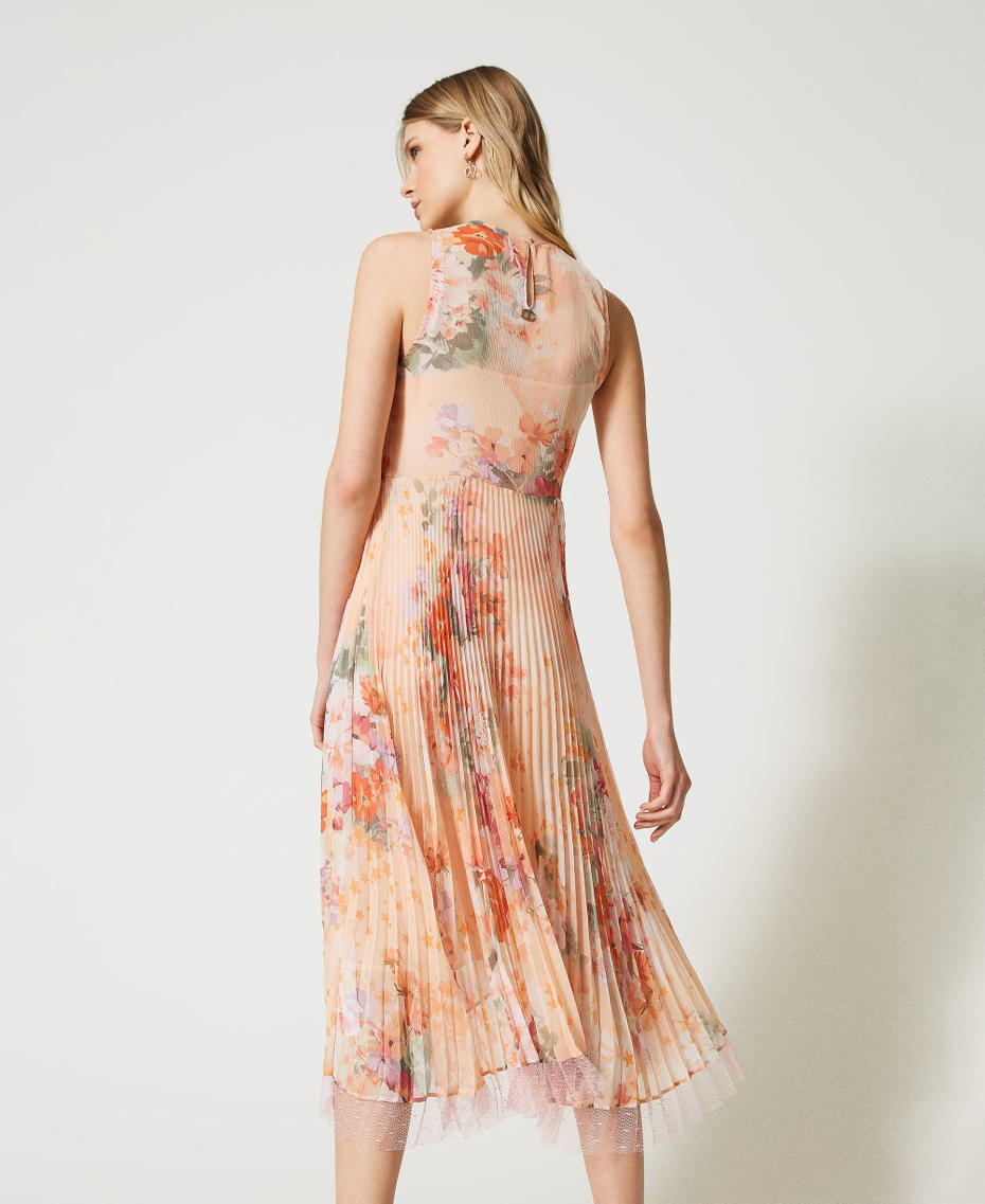 Pleated creponne midi dress Lilac Flower / Orange Print Woman 231TP2730-04