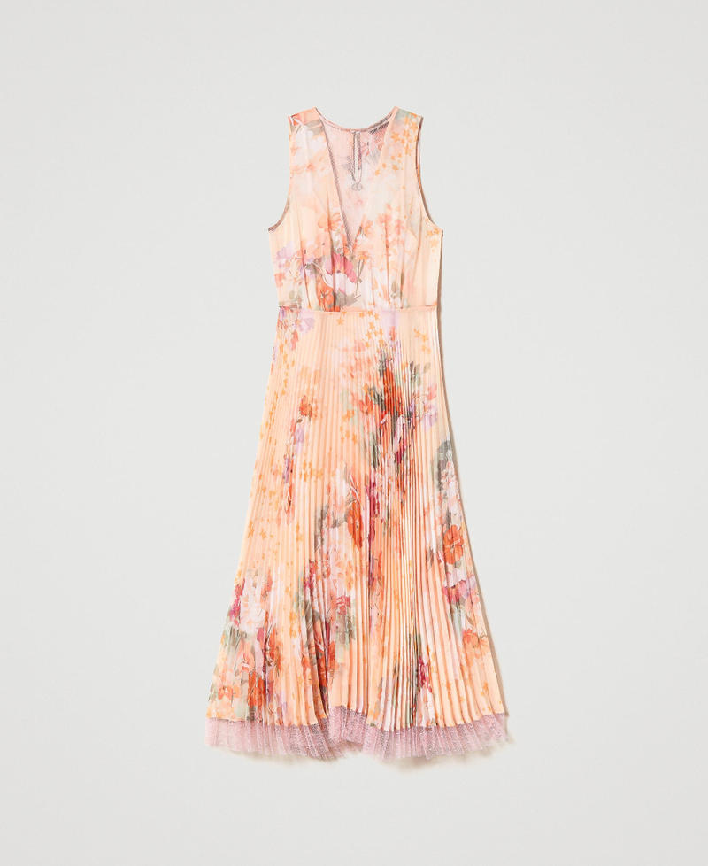 Pleated creponne midi dress Lilac Flower / Orange Print Woman 231TP2730-0S