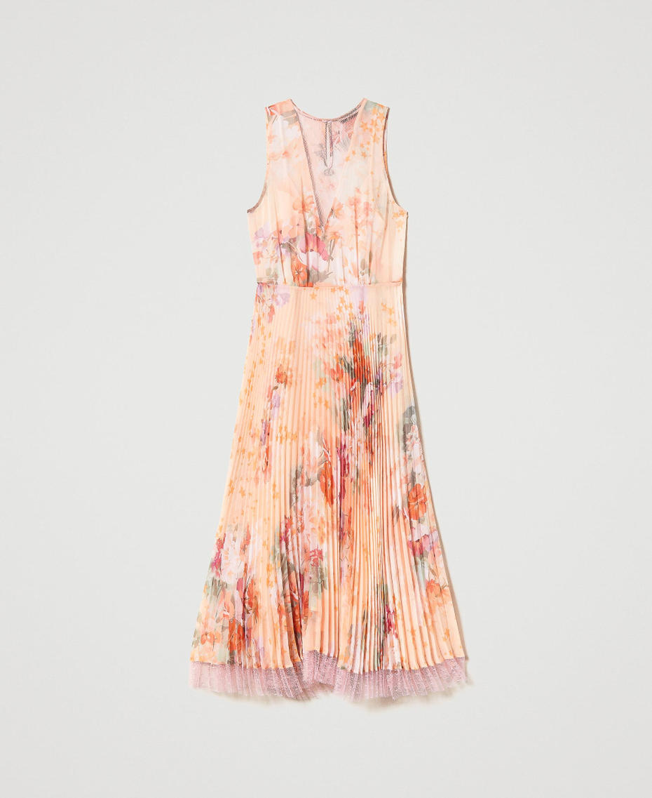Pleated creponne midi dress Lilac Flower / Orange Print Woman 231TP2730-0S