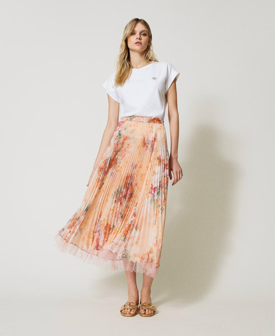 Long pleated creponne skirt Lilac Flower / Orange Print Woman 231TP2733-01