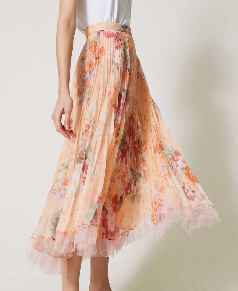Long pleated creponne skirt Lilac Flower / Orange Print Woman 231TP2733-03