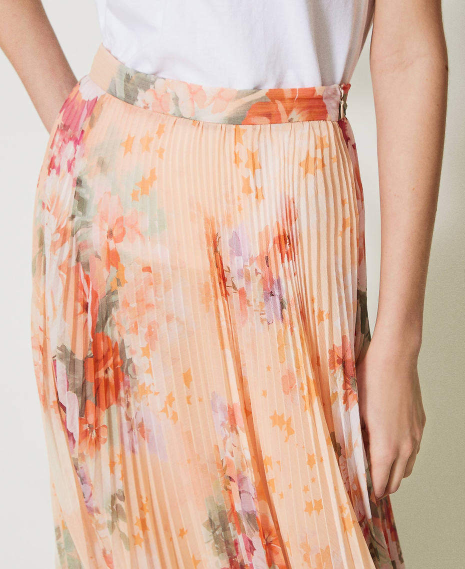 Falda larga de crepé plisado Estampado Flor Lila / Orange Mujer 231TP2733-05
