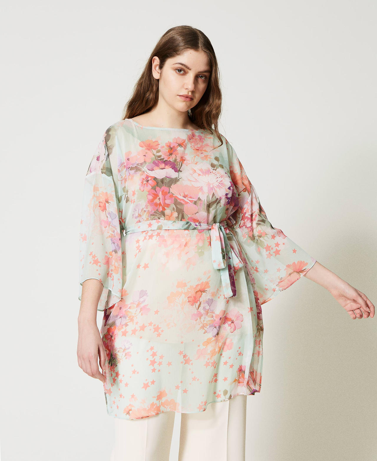 Creponne tunic dress Azalea Flower / Agave Green Print Woman 231TP2736_10539_02