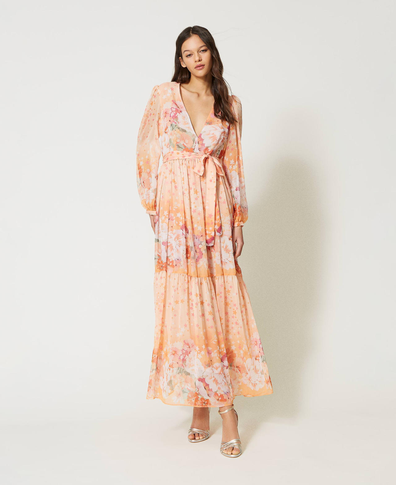 Long creponne dress Lilac / Orange Star Print Woman 231TP2738_10542_01