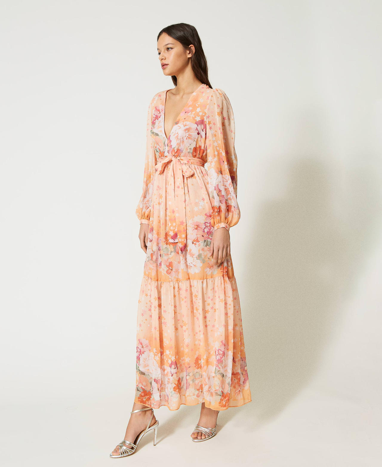 Long creponne dress Lilac / Orange Star Print Woman 231TP2738-02