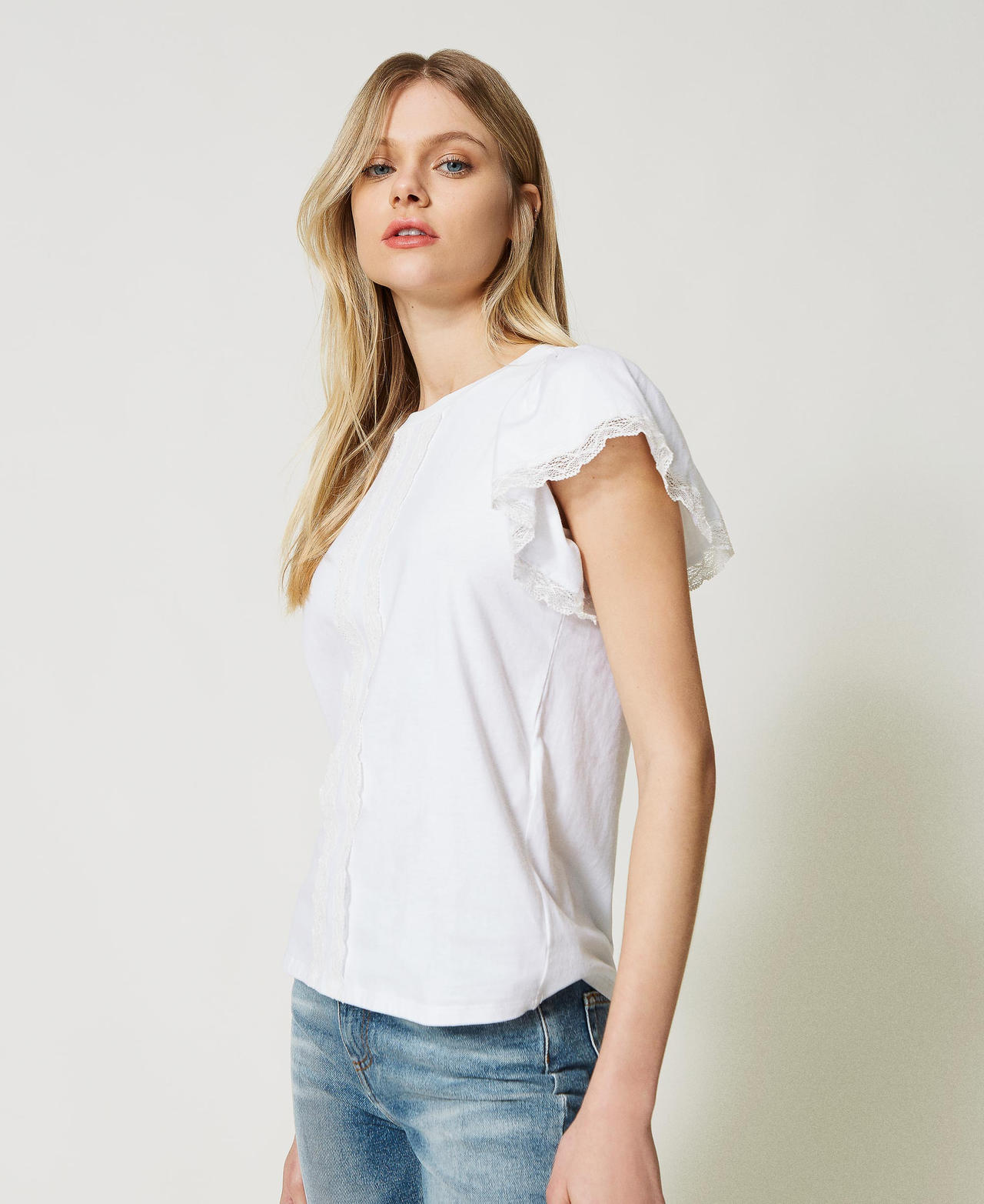 T-shirt avec bande en dentelle Blanc Femme 231TP2760-02