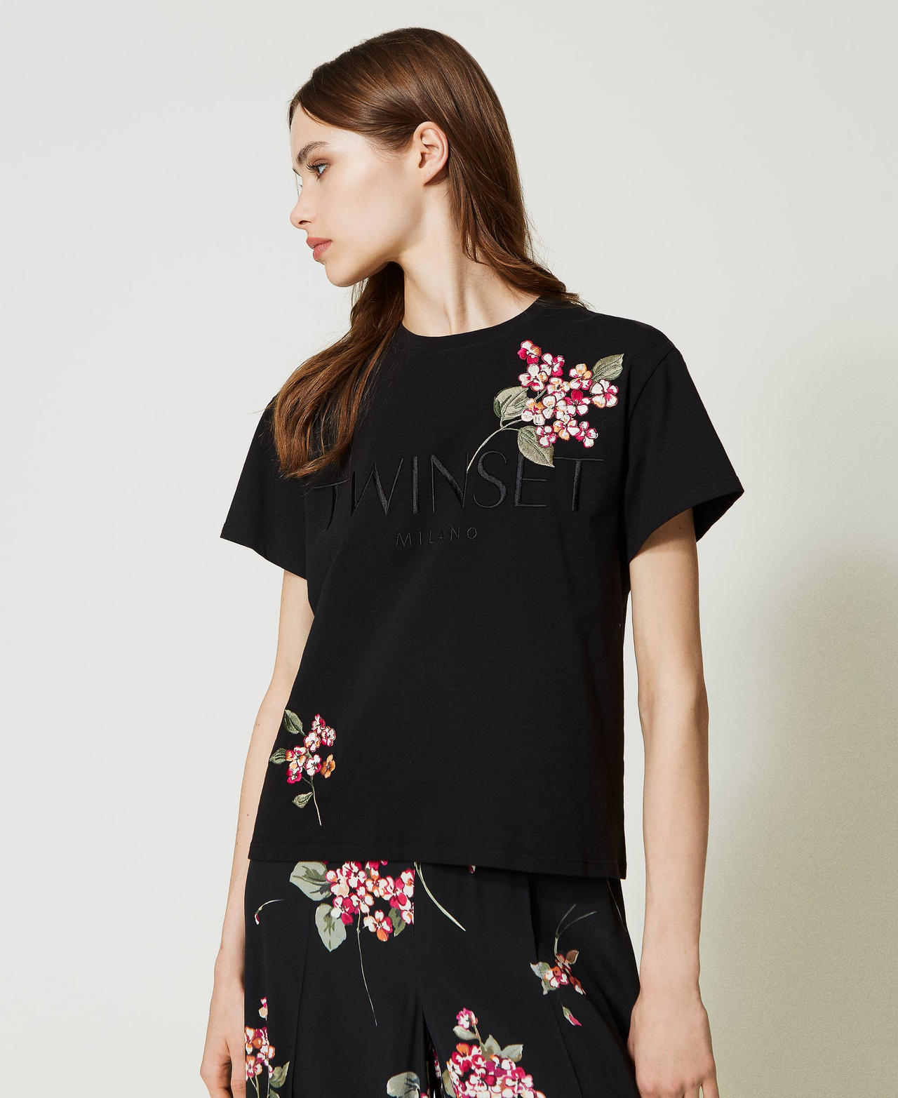 Icon T-shirt crop donna con logo glitter nero