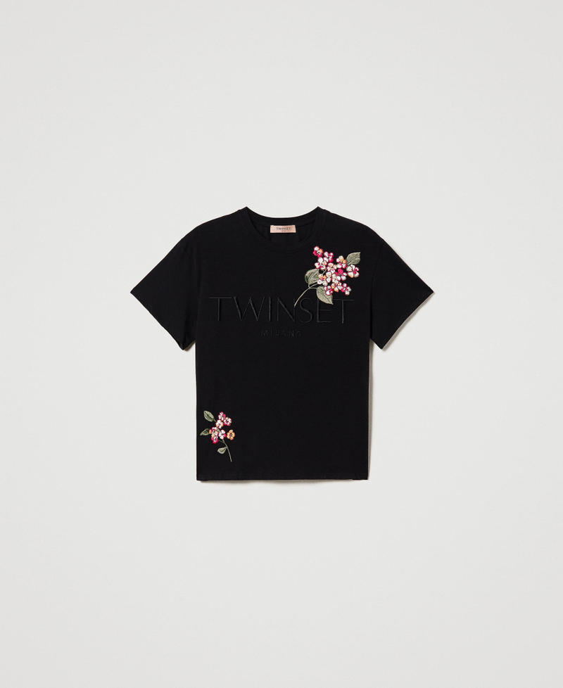T-shirt with logo and embroidery Woman, Black | TWINSET Milano