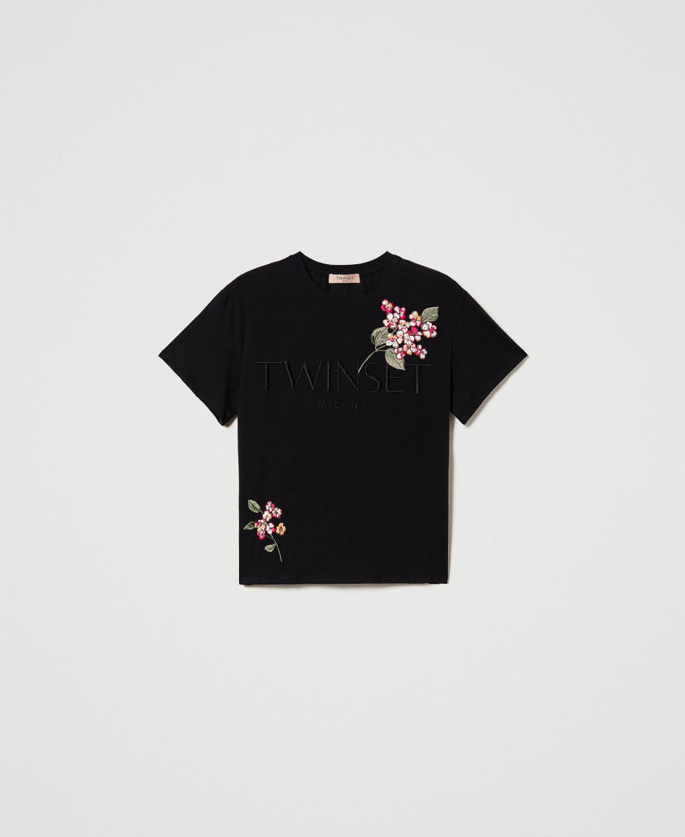 T-shirt with logo and embroidery Woman, Black | TWINSET Milano