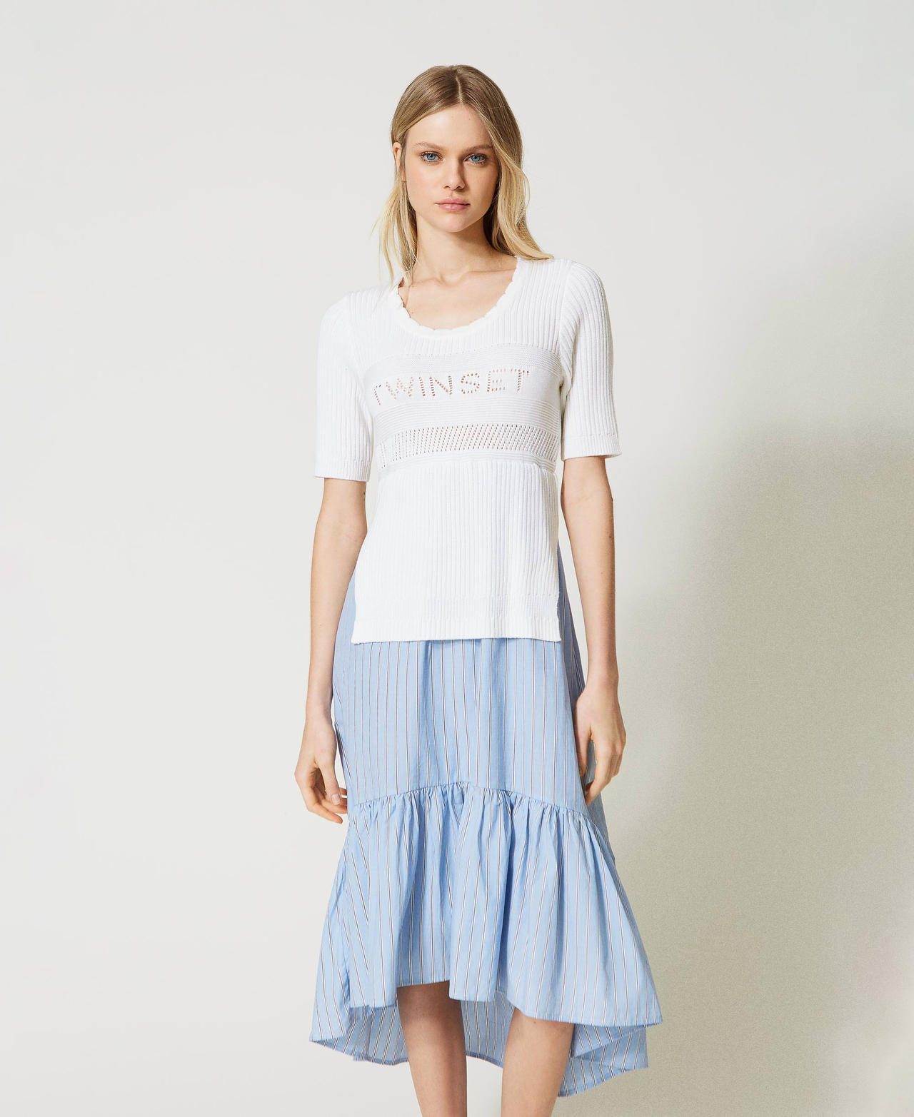 Robe en maille et popeline avec logo Femme, Bleu | TWINSET Milano