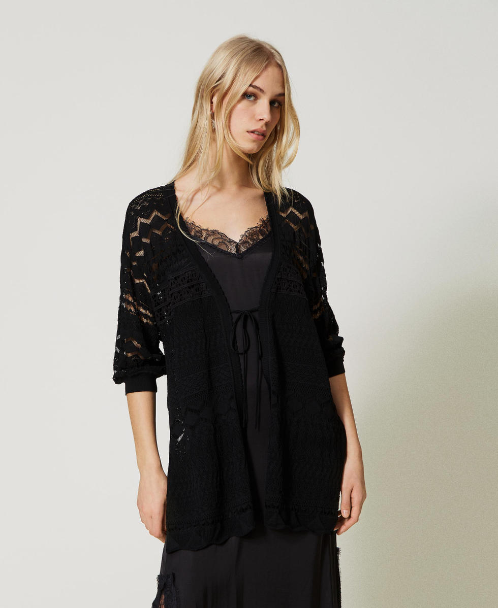 Lace stitch maxi cardigan Woman, Black | TWINSET Milano